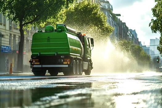 street cleaning truck spraying water on city asphalt road free photo